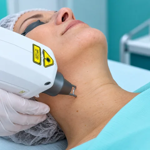 Cena ilustrativa de rejuvenescimento a laser com ponteira branca e espaçador metálico