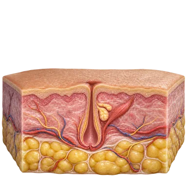 Corte ilustrativo de pele com epiderme, derme, tecido subcutâneo e folículo do pelo